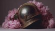 © Aesthetics by Shadin - Antique, warrior helmet decorated with lush pastel pink flowers, romantic floral composition.