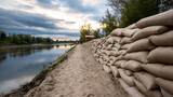 Protective sandbags line the riverbank, providing essential reinforcement against erosion and rising water. Landscape is calm, and sandbags are beige.