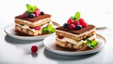two layered tiramisu cakes with berries and mint on white plates dessert sweet