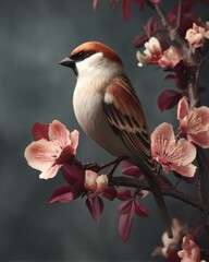 Naklejka na meble Bird Perched on Blooming Branch, High Detail Ultra-Realistic