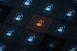 © Suppachok N - Security vulnerability files system, grid of blue locked document icons on dark background one highlighted orange unlocked isometric selective focus