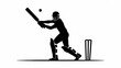 © Rekha - Minimalist black white silhouette cricket batsman swing pose with gear dynamic action bat raised ball midair stumps clean lines high-impact sports illustration.
