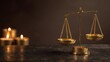 © irawan - Golden Justice Scales and Lit Candles on Dark Background, Symbolism of Law.