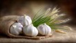 © Anna - A bundle of garlic resting atop a pile of Burlock reeds
