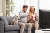 Happy mature couple with their dog enjoying a movie