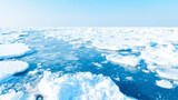Arctic ocean surface with numerous ice floes floating on freezing water under a clear blue sky