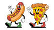 © Design Point - Classic retro cartoon hot dog and pizza slice characters walking together in a fun style
