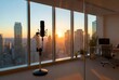 © Nazia - Condenser microphone in a modern office with a golden sunset city view