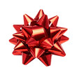 © Julianne - A single, vibrant red, metallic, glossy, starburst-shaped gift bow, meticulously crafted, isolated on a transparent background with copy space. Festive holiday celebration concept