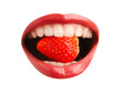 © New Africa - Woman with beautiful color lips holding fresh strawberry in her mouth on white background, closeup