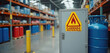 © Pete - Grey metal cabinet with flammable materials warning sign. Industrial storage area with shelves and gas cylinders. Safety compliance in a warehouse facility.