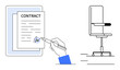 © robu_s - Agreement, business deals, office work, legal documents, signature, workplace setup. A hand signing a contract and a minimal office chair. Business deals and workplace-related