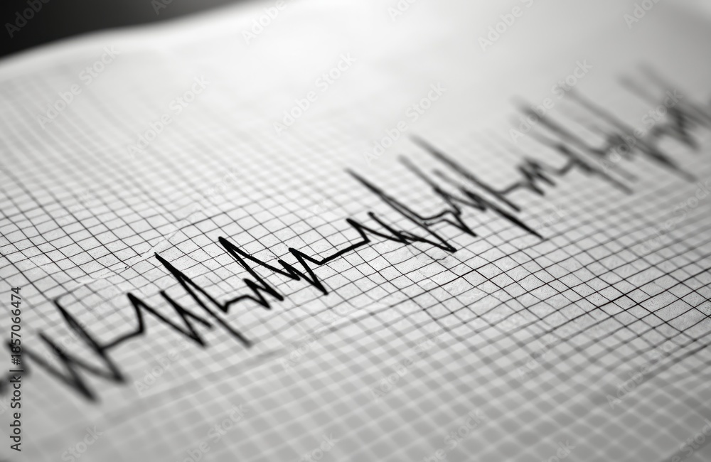 Electrocardiogram paper shows erratic heart rhythm line. Medical graph ...