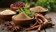 © Pete - Ginseng roots, powder sit in wooden bowls on rustic table with star anise, berries. Traditional Asian herbal medicine ingredients used for vitality, well-being. Natural remedies for healthy living.