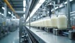 © Pete - Bottles of milk move on an automated conveyor belt in a clean, modern dairy factory. Production line processes dairy products for consumer distribution. Modern food manufacturing facility.