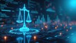 © Pete - Glowing blue digital scales of justice hover over circuit board data. Abstract concept for law, cyber security, regulation, and AI. Business or legal themes.