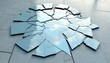 © Pete - Shattered mirror fragments lie scattered on a tiled floor reflecting the sky. Intricate cracks spread across the glass pieces creating a fractured pattern. This represents breakdown, failure, or loss.