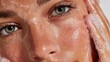 © 楠 刘 - Close up portrait of a model washing her face with soap, showing clean fresh skin, detailed complexion, soft natural lighting, relaxed expression, skincare and beauty concept on white background
