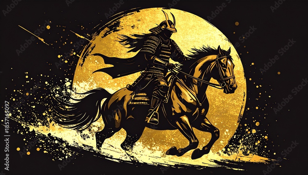 金色墨絵の馬上戦国武将 黒背景迫力和風アート Stock Illustration