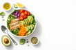 © muhagraph - A vibrant and healthy salad bowl with grilled chicken, avocado, and fresh vegetables on a white background.