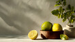 © MIRA - Rustic still life arrangement of lemons in a wooden bowl with natural light shadows