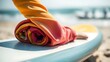 © Lay - rashguard. A colorful rolled-up rashguard resting on a surfboard at the beach. event key visuals, club posters, designed for fitness apps and gym onboarding, drives event promotion.