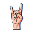 © Rahmanart - Rock and roll sign hand gesture, a trendy minimalist Flat 2D illustration conveying energy, excitement, and coolness against a clean white background.