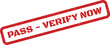 © Mahmud - Red distressed rubber stamp icon with text PASS VERIFY NOW in grunge style for document approval