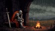 © ice on earth - Pixel art of a sad medieval knight with a red cape sitting alone in the rain by a campfire under a stone archway at twilight