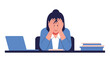 © Hakagraph - Stressed female professional at desk looking overwhelmed.