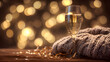 © 洁 张 - dcf. A champagne flute with golden bubbles on a wooden table beside a cozy blanket and festive confetti. bar promotions, beverage menus, designed for food & beverage menus and cafe branding.