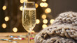 © 洁 张 - dcf. A champagne flute with golden bubbles on a wooden table beside a cozy blanket and festive confetti. bar promotions, beverage menus, designed for food & beverage menus and cafe branding.