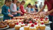 © Viktor - Children sell cupcakes and muffins at an outdoor charity event. Youngsters serve baked goods on tables. Community members buy sweet treats. Fun fundraising activity.