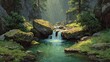 © mega - A pristine mountain stream flows through a lush, sunlit, forested canyon