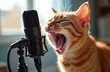 © Viktor - Orange tabby cat yawns widely near pro microphone. Feline has open mouth with sharp teeth visible. Pet sits indoors ready for karaoke or vocal performance.