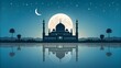 © Surkhab Ahmad - Mosque Silhouette under Full Moon with Water Reflection at Night, Islamic Architecture, Spiritual Landmark, Serene Nightscape, AI Generated