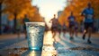 © Viktor - Cold water glass with ice sits roadside during marathon race at sunset. Blurred runners pass by on autumn day. Hydration, refreshment for athletes.