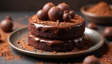 Rich chocolate cake layers stacked high, drizzled with smooth ganache and topped with cocoa dusted truffles. Perfect treat for any celebration or sweet indulgence moment. A truly decadent dessert.
