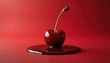 © Viktor - Single ripe cherry with stem sits in melted dark chocolate pool. Vibrant red background suggests celebration or indulgence, perfect for food ads or editorial content.