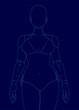 © German Ovchinnikov - A robotic girl in a bathing suit is depicted with a sleek blue contour line drawing against a dark blue background.