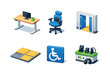 © Viacheslav - Accessible Workplace Icons. Accessible workplace. Isometric flat vector icons set of accessible workplace: height-adjustable desk, ergonomic chair support,