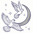© moriom   - A serene illustration depicts two white doves in flight accompanied by a crescent moon and sparkling stars evoking peace and tranquility