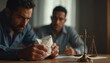© Maryna - Man holds crumpled paper with worried face. Another man behind him looks concerned. Scales of justice sit on table. Legal or immigration drama unfolds.