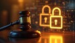 © Maryna - Wooden gavel rests on desk next to glowing digital padlock. Binary code background suggests online legal security and data protection. Represents justice and cyber law.