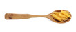 © New Africa - Raw penne pasta in wooden spoon isolated on white, top view