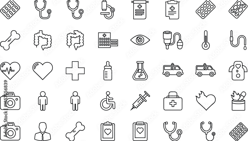 Minimal medical and healthcare icon set featuring hospital equipment doctor patient ambulance medicine and emergency treatment symbols in clean outline vector style