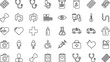 © Yevhenii creative - Minimal medical and healthcare icon set featuring hospital equipment doctor patient ambulance medicine and emergency treatment symbols in clean outline vector style