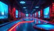 © Maryna - Futuristic glow in the dark miniature golf course bathed in neon ambiance with screens showing nature scenes. Entertainment center has vibrant blue and red lights.