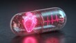 © sablengjago - A medical concept featuring a transparent capsule encasing a glowing red, wireframe heart with a pulsating heartbeat waveform