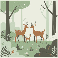 Naklejka na meble Illustrative depiction of a deer family, two adults and a fawn, standing peacefully in a lush green forest with trees and foliage.